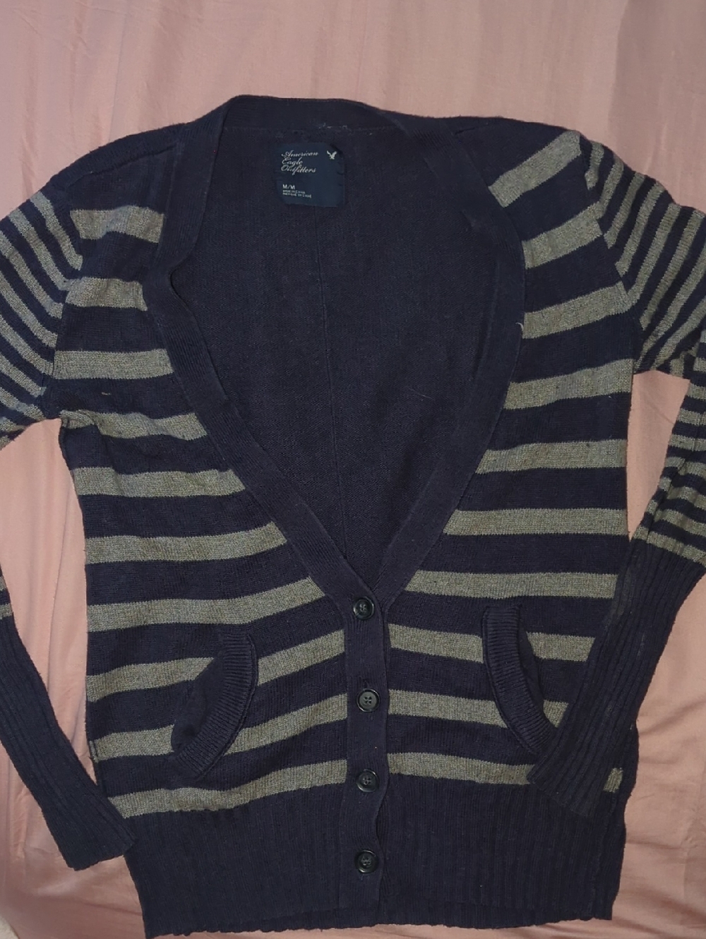 American Eagle Outfitters Navy & Gray Striped V-Neck Cardigan